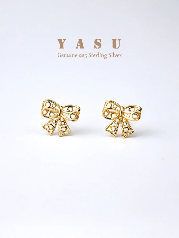 Yasu 925 Sterling Silver Bowknot Stud Earrings Hollow Bow Wedding Jewelry