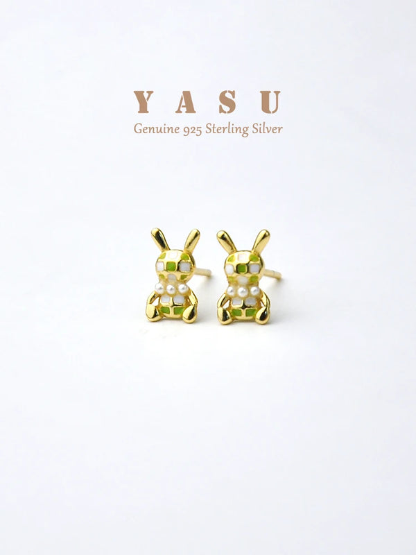 Yasu 925 Silver Mini Rabbit Earrings for Women Bunny Pearl Stud Earrings
