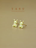 Yasu 925 Silver Mini Rabbit Earrings for Women Bunny Pearl Stud Earrings