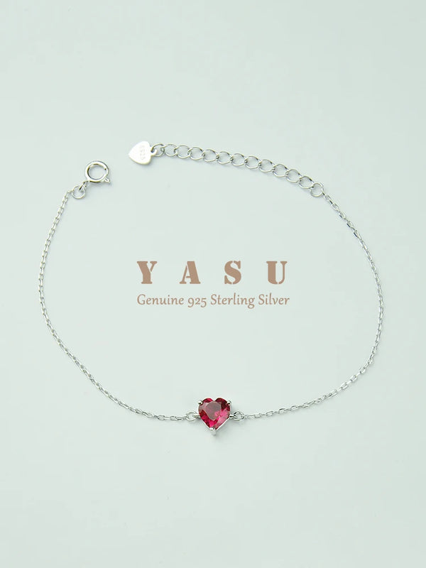 Yasu 925 Silver Ruby Heart Bracelet 14K Plated Chain Party Jewelry
