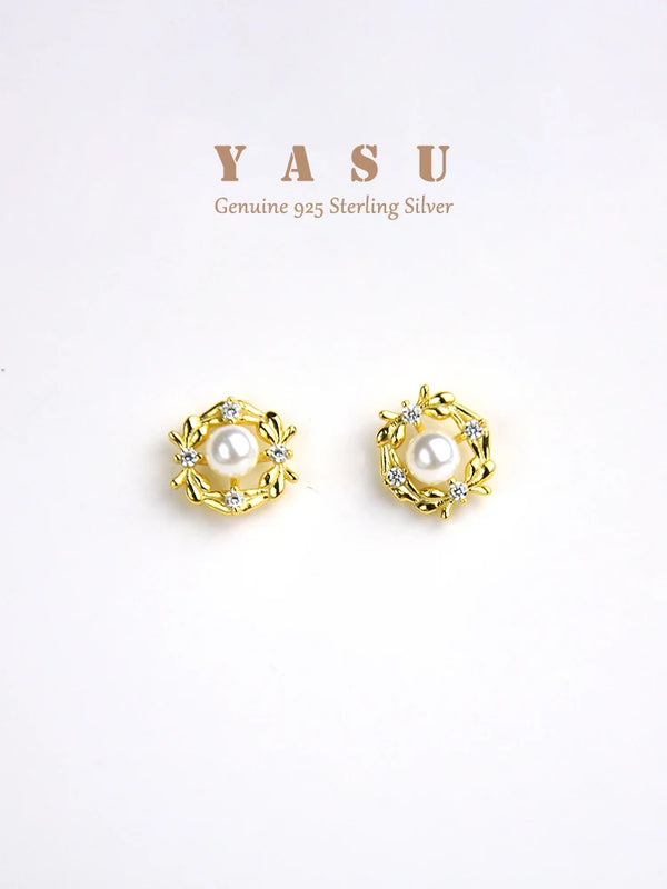 Yasu 925 Silver Vintage Natural Pearl Stud Earrings Noble Wedding Jewelry