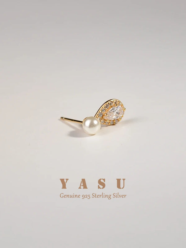 Yasu Water Drop Diamond Pearl Stud Earrings 925 Silver 14K Plating