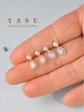 Yasu Water Drop Diamond Pearl Stud Earrings 925 Silver 14K Plating