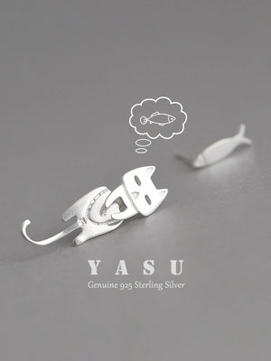 Yasu 925 Sterling Silver Cat Fish Asymmetric Earrings Women Girls