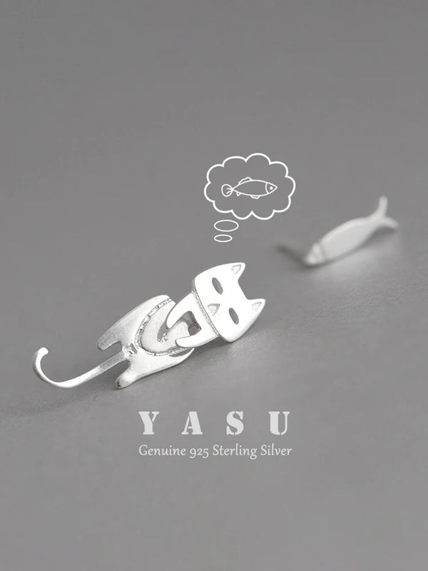 Yasu 925 Sterling Silver Cat Fish Asymmetric Earrings Women Girls
