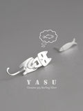 Yasu 925 Sterling Silver Cat Fish Asymmetric Earrings Women Girls