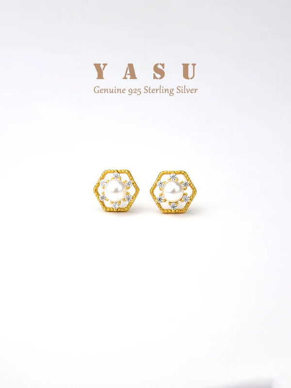Yasu Silver Stud Earrings Pearl Hexagon Wedding Jewelry