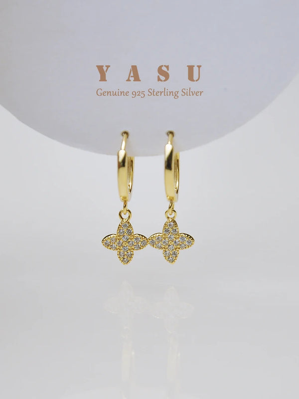 Yasu Sterling Silver 925 Woman Earring Clover Drop Earrings Wedding Flower Hoops