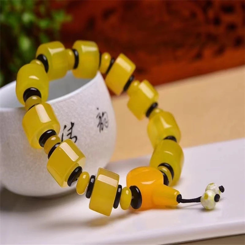 Yellow Agate Bucket Beads Bracelet 14mm Elastic Yoga Jewelry