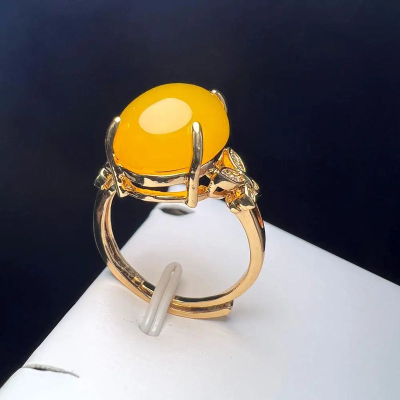 Yellow Agate Finger Ring Charm Rings Adjustable Round Copper Stone Ring