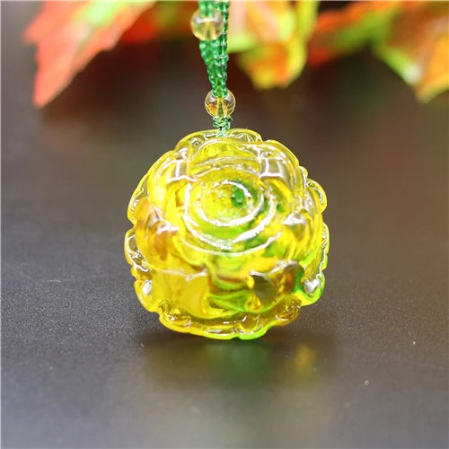 Yellow Amber Rose Pendant Flower Necklace Charm Jewellery Lucky Amulet