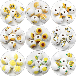 Sunflower Fruit Pattern 15mm Wooden Beads Round Balls for Jewelry Making
