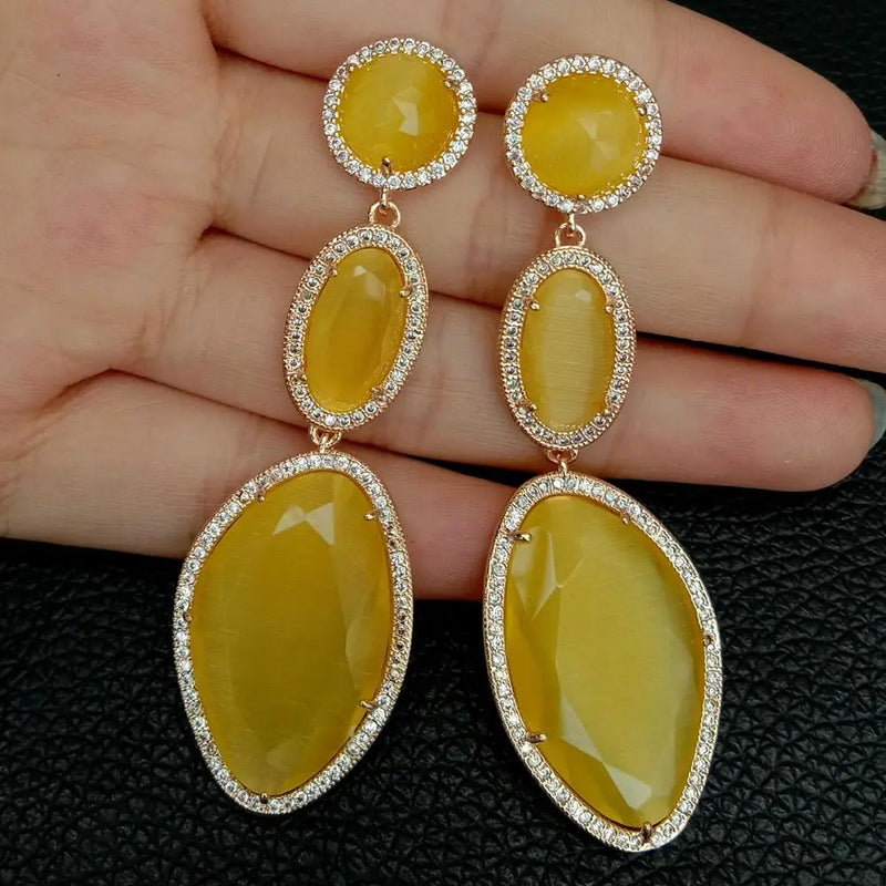 Yellow Cat Eye Cz Pave Stud Earrings