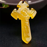 Yellow Cross Agate Pendant Necklace Hand Carved Chalcedony Amulet