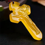 Yellow Cross Agate Pendant Necklace Hand Carved Chalcedony Amulet