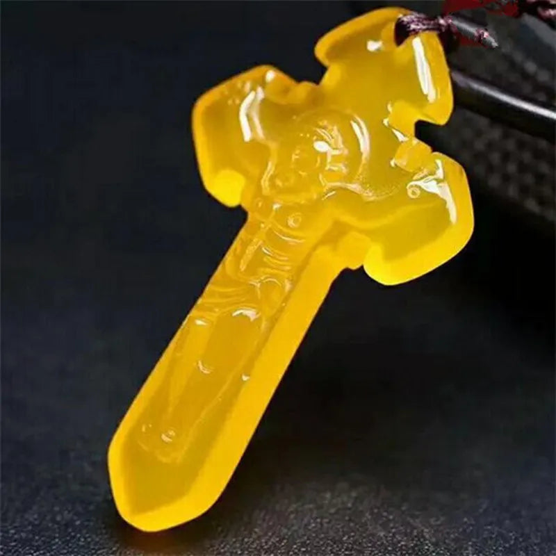Yellow Cross Agate Pendant Necklace Hand Carved Chalcedony Amulet