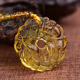 Yellow Crystal Jade Pixiu Pendant Hand Carved Natural Amulet Necklace Men Women