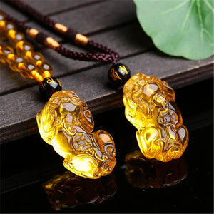 Yellow Crystal Pixiu Pendant Amulet Necklace Bring Wealth Sweater Chain