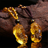 Yellow Crystal Pixiu Pendant Amulet Necklace Bring Wealth Sweater Chain