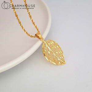 Yellow Plated Leaf Pendant Necklace Chain Collier Femme Choker Jewelry