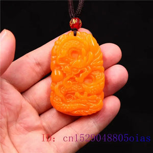 Yellow Jade Dragon Pendant Natural Carved Charm Lucky Jewellery Necklace