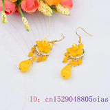 Yellow Jade Flower Earrings 925 Silver Women Natural Stone Charms Jewelry