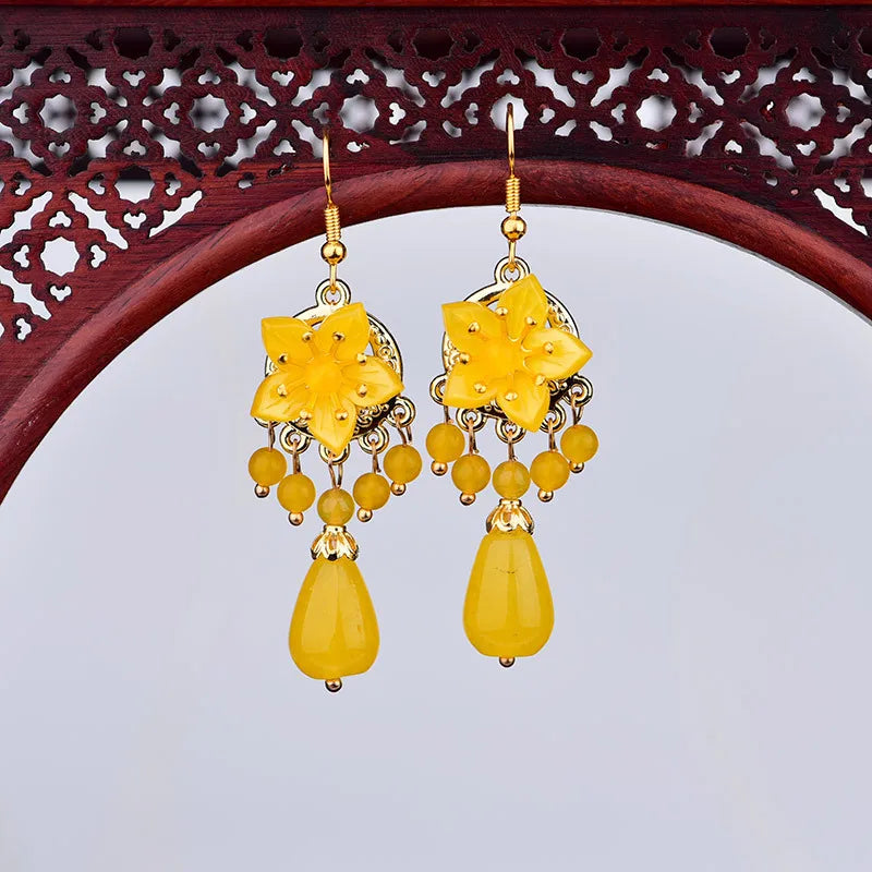 Yellow Jade Flower Earrings 925 Silver Women Natural Stone Charms Jewelry