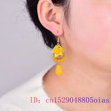 Yellow Jade Flower Earrings 925 Silver Women Natural Stone Charms Jewelry