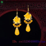 Yellow Jade Flower Earrings 925 Silver Women Natural Stone Charms Jewelry