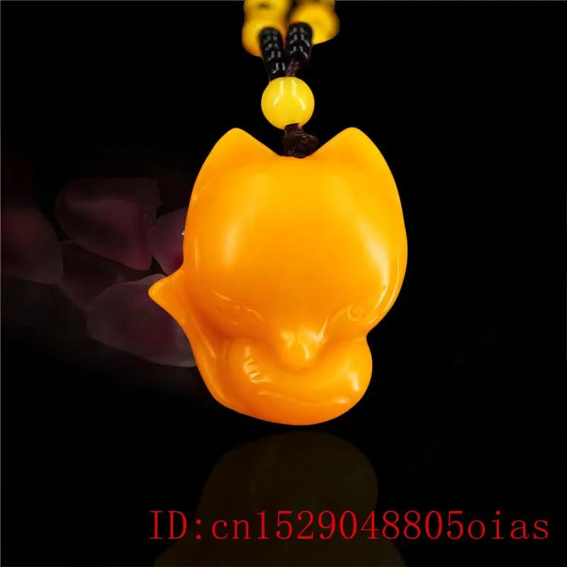 Yellow Jade Fox Pendant Women Charm Chinese Natural Amulet Necklace