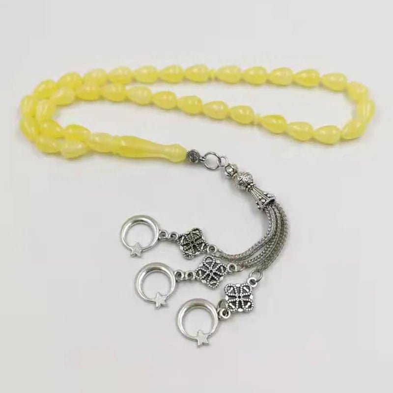Yellow Resin Tasbih 33 Beads Muslim Rosary Style Star moon Tassel