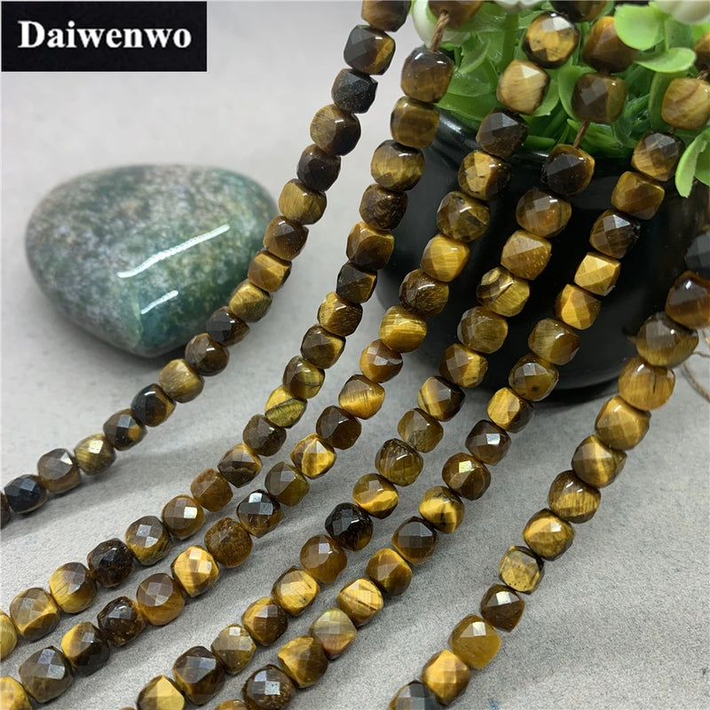 Yellow Tiger Eye Stone 6mm Cut Faceted Spacer Cube Beads for DIY Bracelet