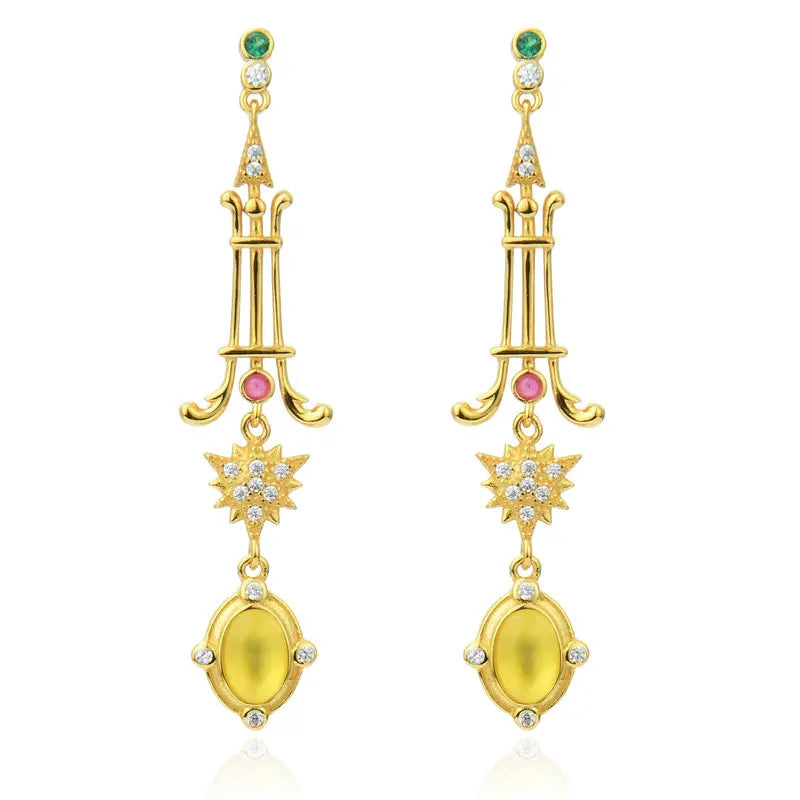 Golden Yellow Prehnite Long Earrings Natural Gem Women's Unusual Earrings
