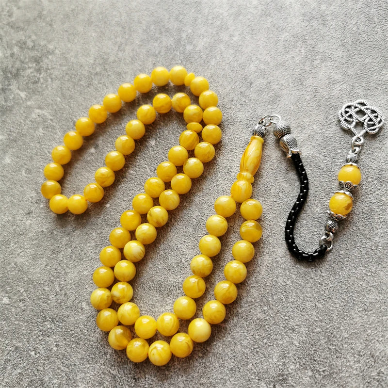 Yellow Resin Tasbih Amber Prayer Beads 8mm 66 Rosary Metal Tassels