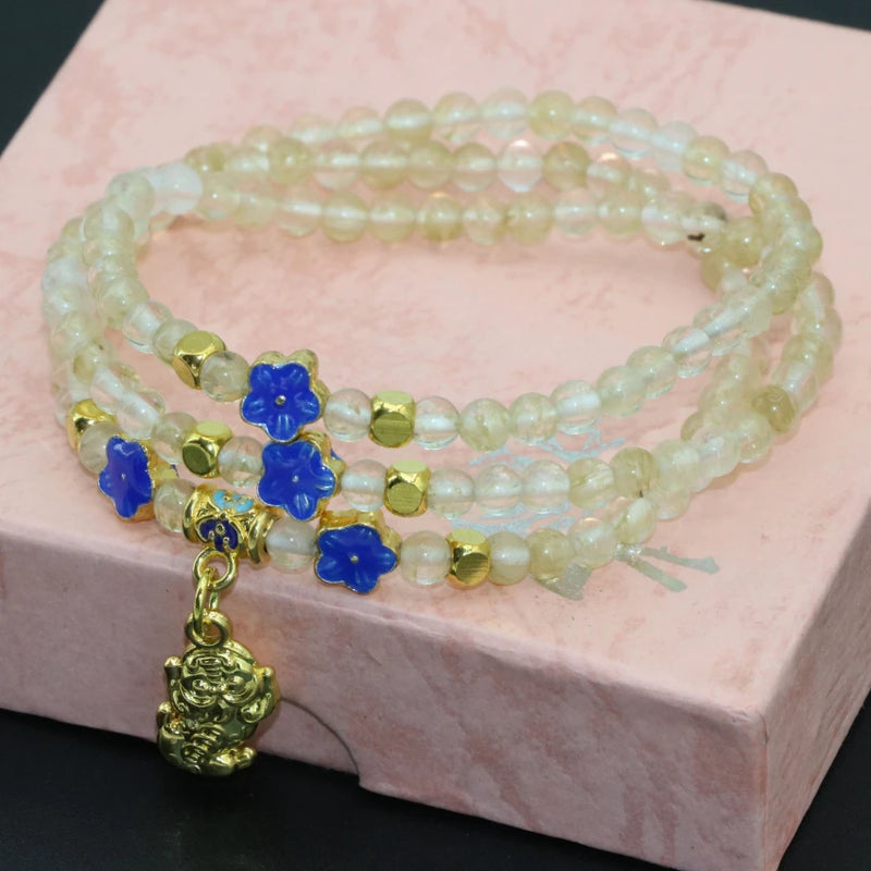 Yellow Watermelon Quartz 4mm Bead Bracelet, Cloisonne 3 Rows Jewelry