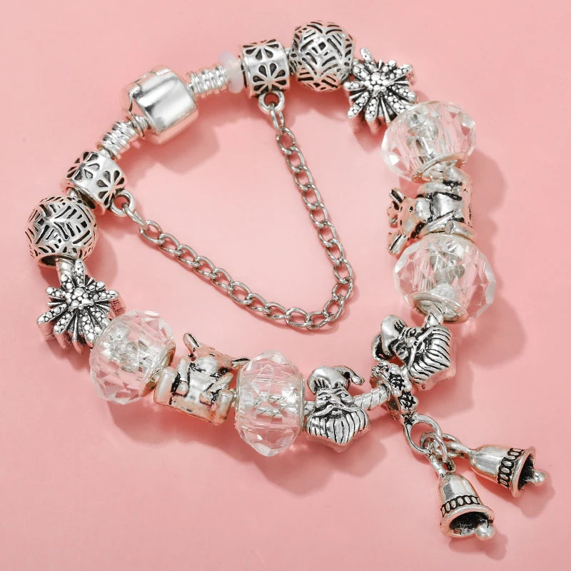 Christmas Bell Pendant Charm Bracelet Snowman Beads Ladies Jewelry