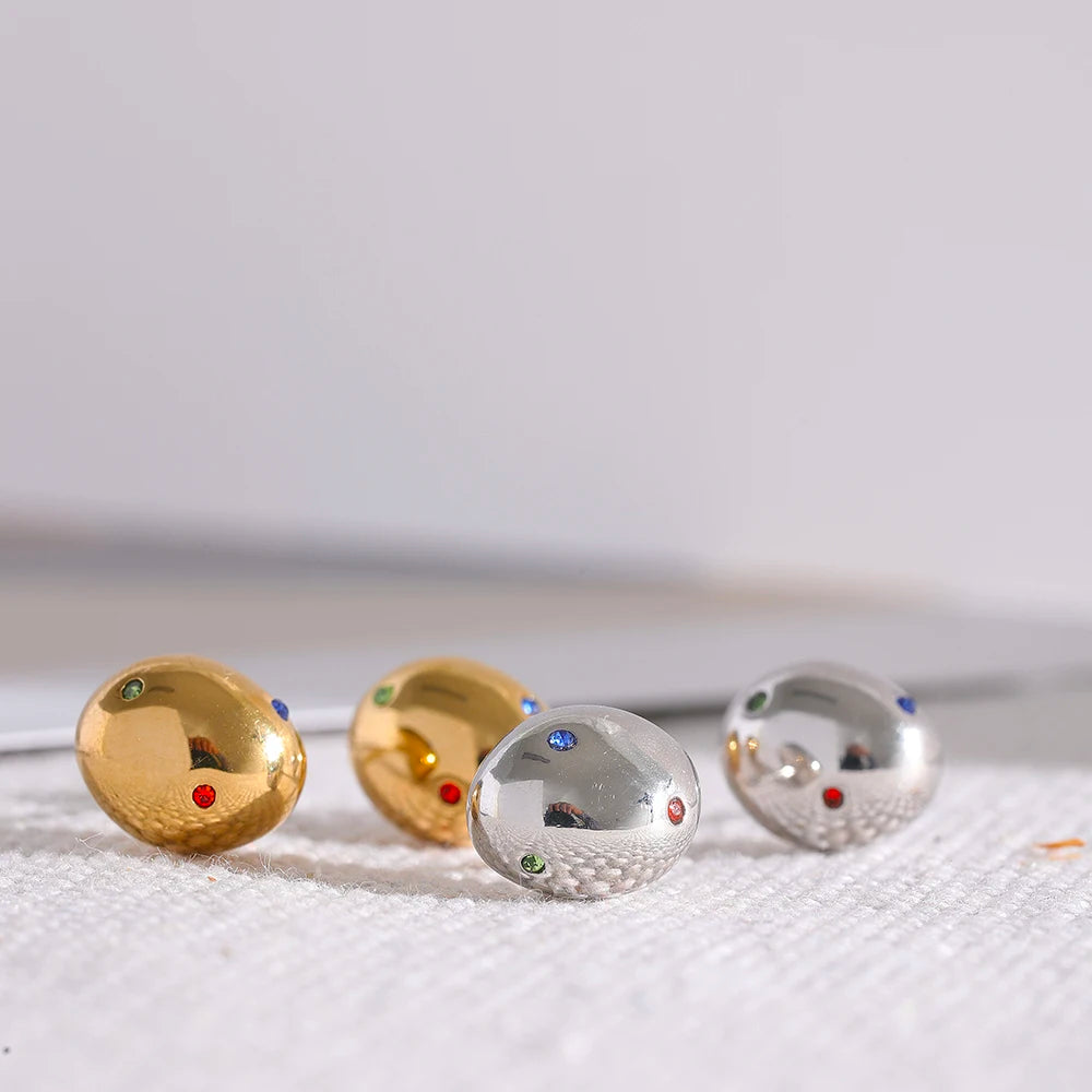 18k Plated Stainless Steel Round Ball Stud Earrings Colorful Zircon