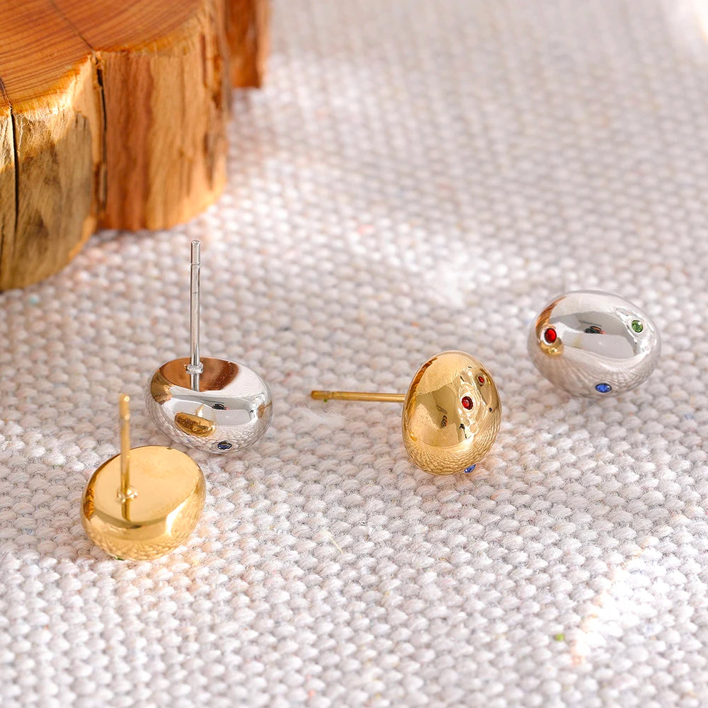 18k Plated Stainless Steel Round Ball Stud Earrings Colorful Zircon