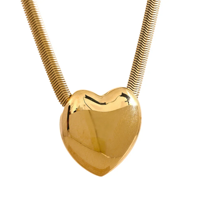 Flat Snake Chain Stainless Steel Big Heart Love Pendant Necklace