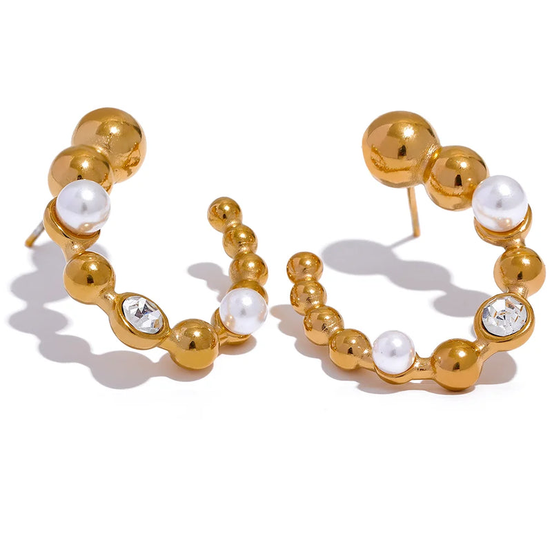 Stainless Steel U Shape Stud Earrings Pearls Zircon Jewelry