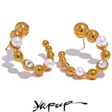 Stainless Steel U Shape Stud Earrings Pearls Zircon Jewelry