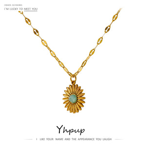 316L Stainless Steel Flower Natural Stone Pendant Necklace Charm