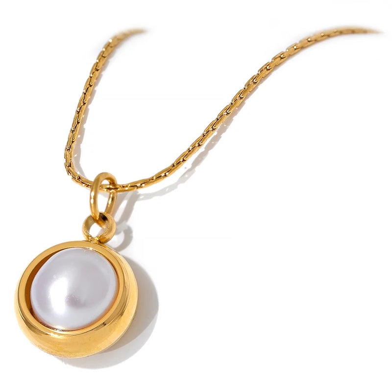316L Stainless Steel Freshwater Pearl Round Pendant Necklace for Women