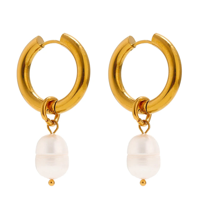 316L Stainless Steel Pearl Hoop Earrings Geometric Jewelry