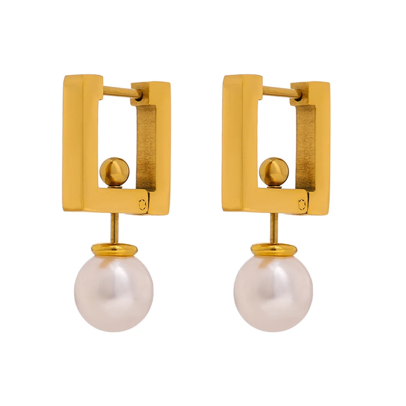 316L Stainless Steel Square Hoop Earrings Pearls Women Jewelry
