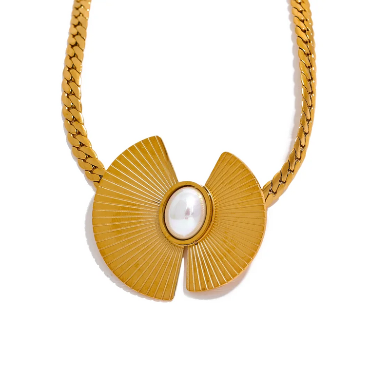 316l Stainless Steel Pearl Fan Pendant Necklace 18K PVD Plated