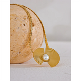 316l Stainless Steel Pearl Fan Pendant Necklace 18K PVD Plated
