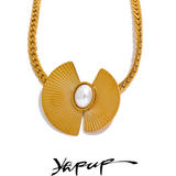 316l Stainless Steel Pearl Fan Pendant Necklace 18K PVD Plated