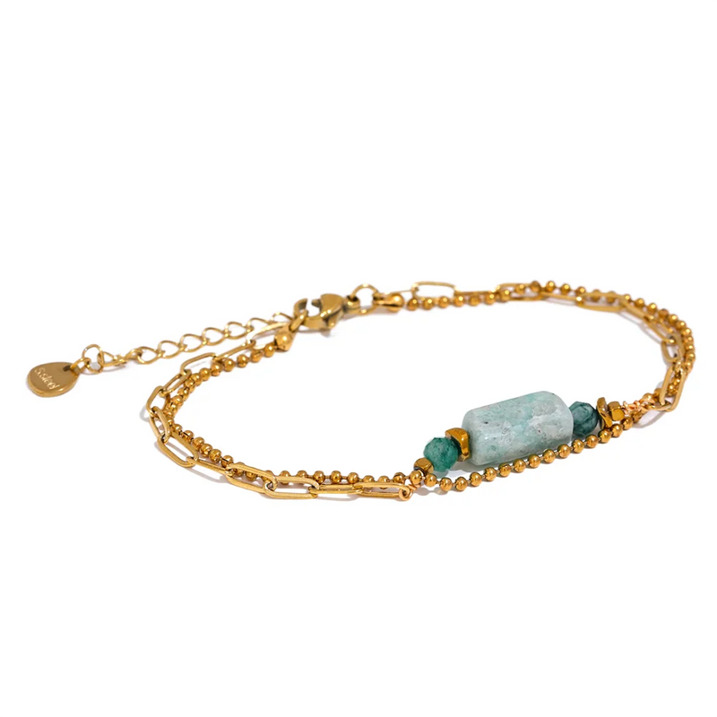 Amazonite Stone Chain Stainless Steel Double Layer Bracelet Bangle
