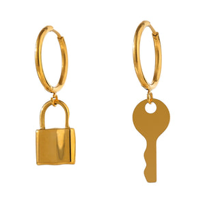 Asymmetrical Lock Key Hoop Earrings 18K Plated Stainless Steel Jewelry